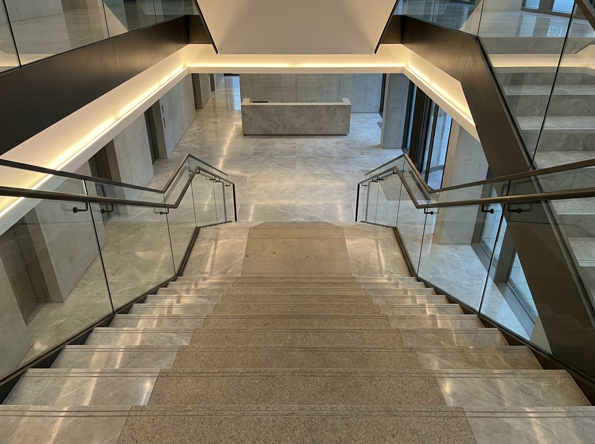 Treppenhaus mit poliertem Marmor und rutschhemmender, matter Oberflächenstruktur in der Mitte der Stufen