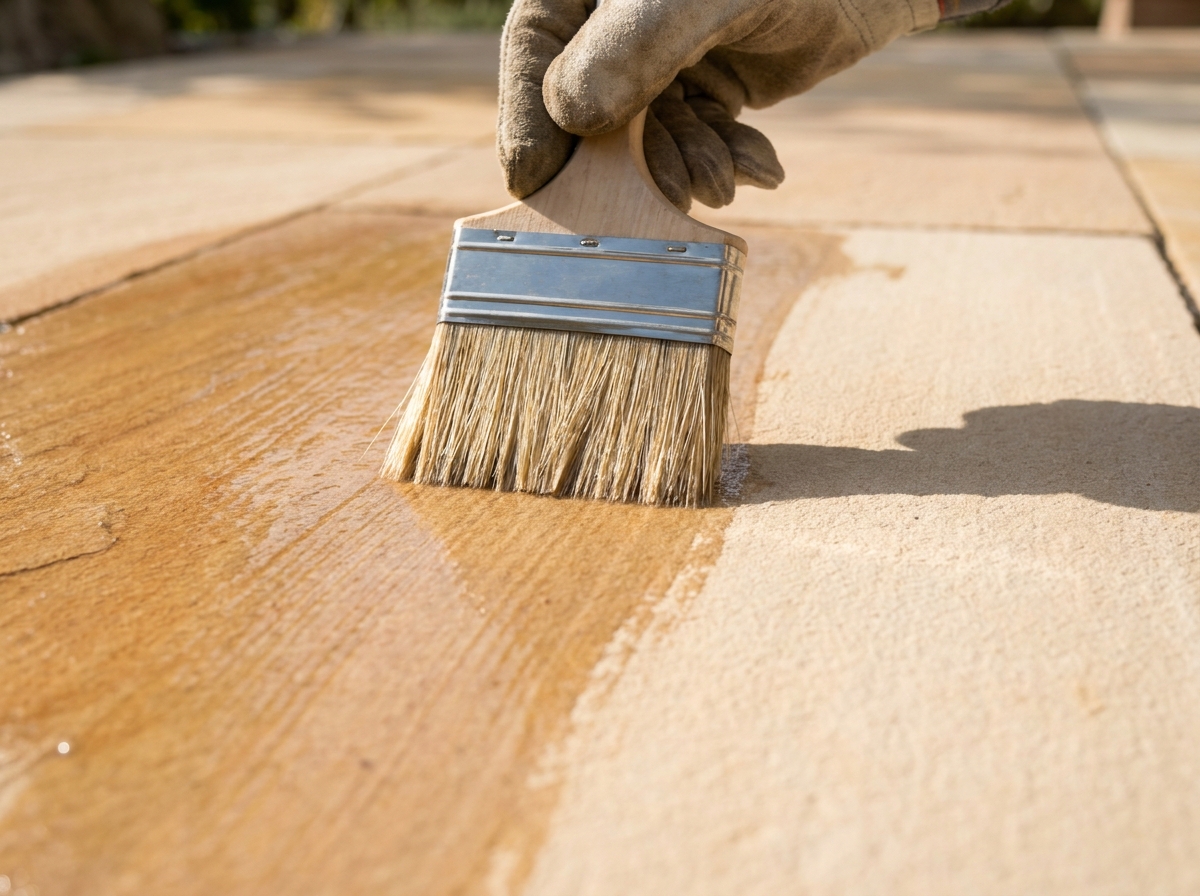 Auftragen einer Steinimprägnierung mit Pinsel auf trockene Natursteinterrasse