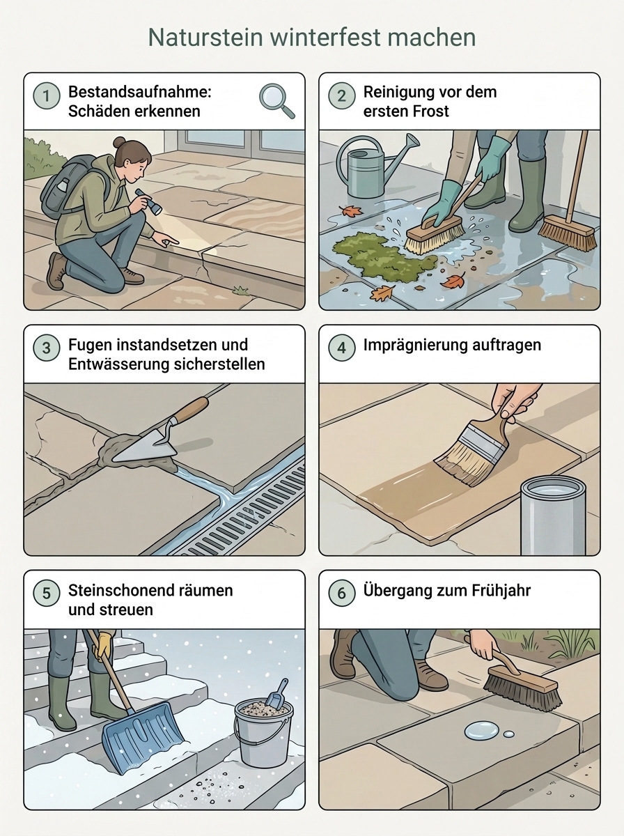 Ablaufdiagramm zur Wintervorbereitung von Naturstein im Außenbereich